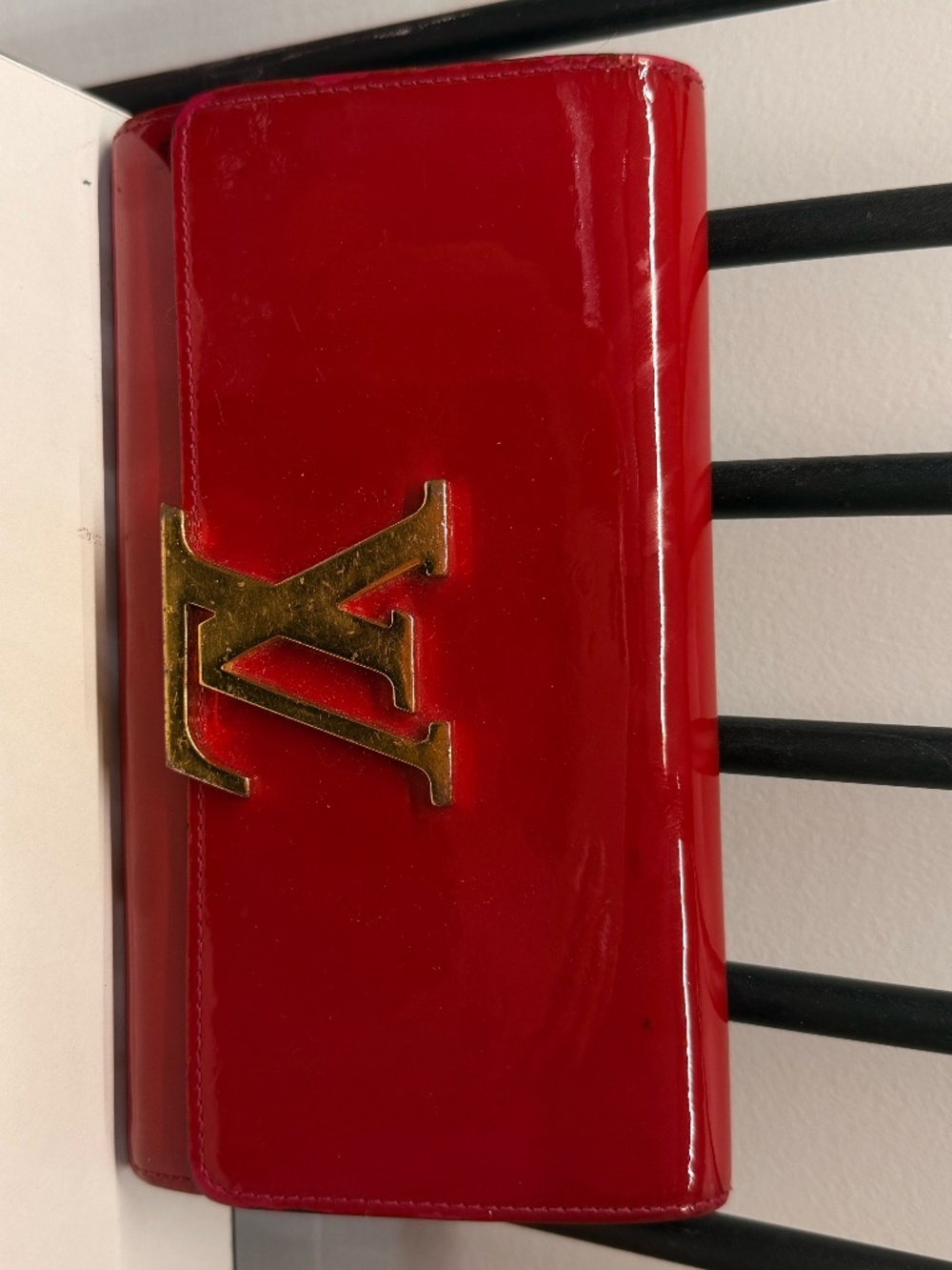 Authentic Louis Vuitton Capucines Red Leather Long Wallet Gold LV Logo